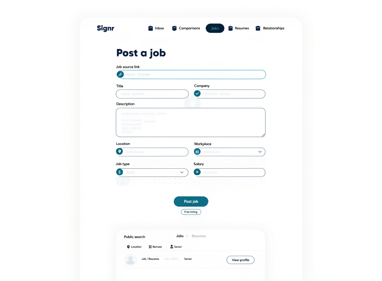 Signr job posting form with a free listing that shows up in public search.