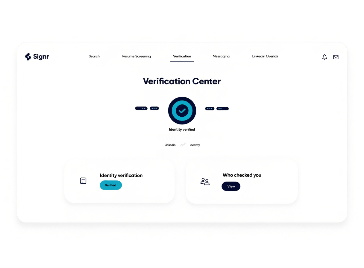 Signr Verification Center showing identity verified and a card to see who checked you.
