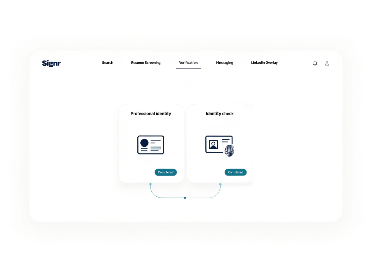 Signr verification screen showing two completed steps: professional identity and the identity check.