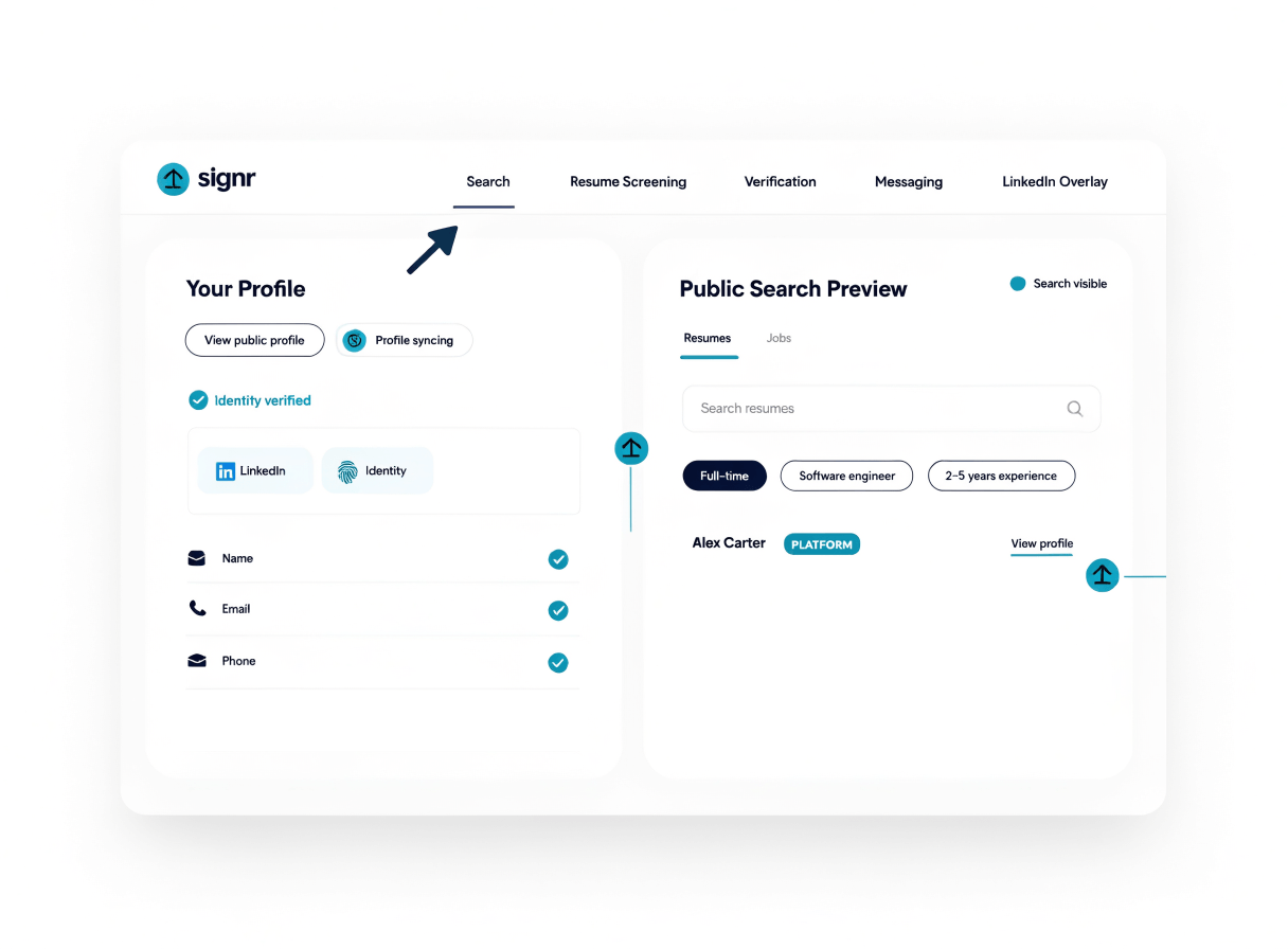 Signr published profile screen showing profile details and search visibility controls.