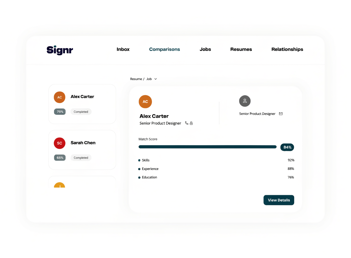 Signr comparison showing how a candidate’s skills, experience and education match a job.