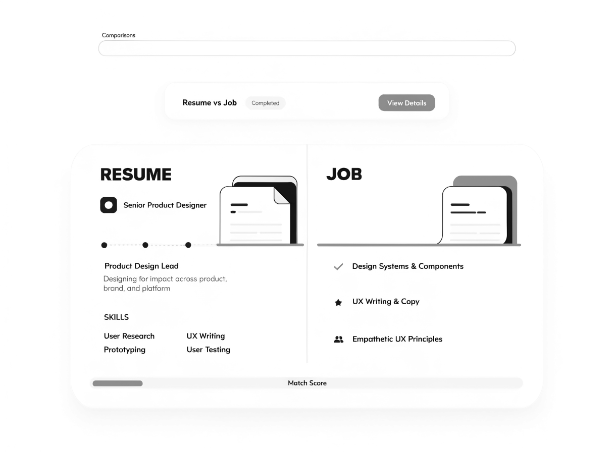 Screenshot of Signr turning a pasted job description into clear requirements and comparing them to a resume, highlighting matches and gaps.